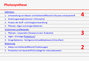 Karteikarte über Photosynthese - Rückseite